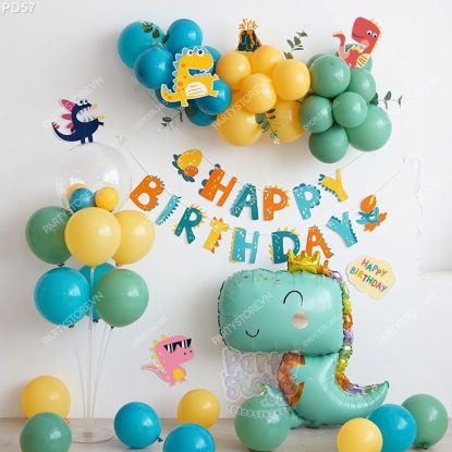 PD57 - Set bong bóng trang trí chủ đề Khủng Long Dino có dây chữ Happy Birthday và trụ bóng
