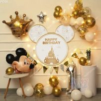 PD58 - Set bong bóng trang trí với Mickey vàng gold và backdrop (có kèm lá và đèn)