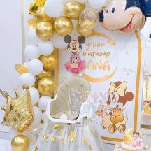 Trang trí sinh nhật tại nhà cho bé gái chủ đề Minnie Mickey tông vàng gold & trắng