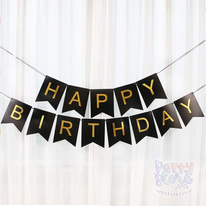 Dây cờ chữ Happy Birthday ép kim đuôi cá đen
