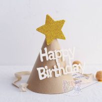 Nón sinh nhật vải nỉ màu cà phê chữ Happy Birthday trắng ngôi sao kim tuyến