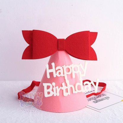 Nón sinh nhật vải nỉ màu hồng nơ đỏ chữ happy birthday