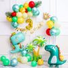 PD04 - Set bong bóng khủng long xanh chrome, lá cây, vàng loang, dây Happy Birthday, cây dừa đôi