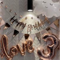 PD115 - Set bong bóng đơn giản tông rose gold, chữ love, bóng mây, số tuổi, và dây happy birthday