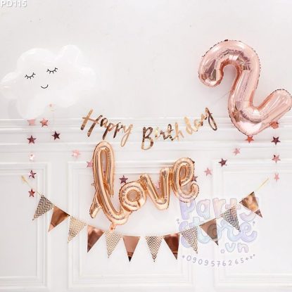 PD115 - Set bong bóng đơn giản tông rose gold, chữ love, bóng mây, số tuổi, và dây happy birthday