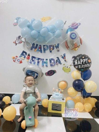 PD60 - Set bong bóng trang trí sinh nhật chủ đề Phi Hành Gia, Phi Thuyền, dây chữ Happy Birthday