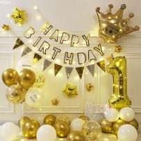 PD63 - Set bong bóng sinh nhật tông vàng gold, trắng, dây Happy Birthday rỗng