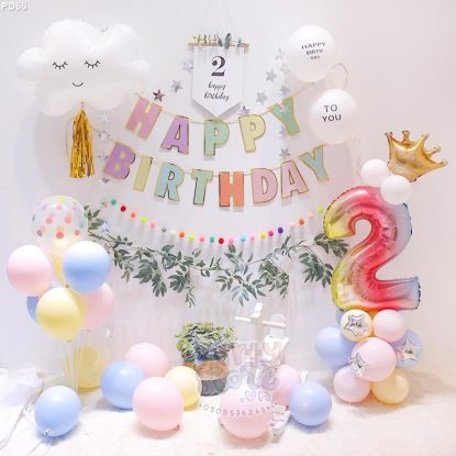 PD66 - Set bong bóng style Hàn Quốc, cờ tuổi Happy Birthday, bóng đám mây, số tuổi màu Holographic