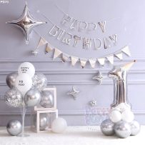 PD70 - Set bong bóng trang trí sinh nhật tông bạc silver - dây Happy Birthday rỗng