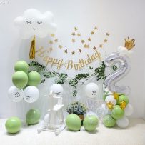 PD72 - Set bong bóng sinh nhật kiểu Hàn Quốc, bóng mây, số tuổi bạc, vương miện, tông xanh trắng