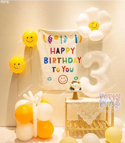PD76 - Set bong bóng style Hàn Quốc, backdrop Happy Birthday, bóng hoa cúc, bóng mặt cười