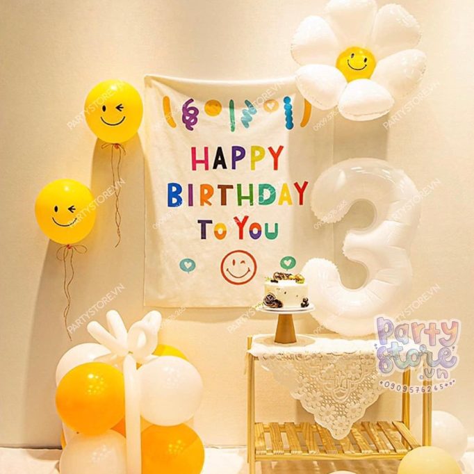 PD76 - Set bong bóng style Hàn Quốc, backdrop Happy Birthday, bóng hoa cúc, bóng mặt cười