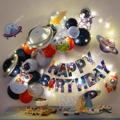 Set bong bóng sinh nhật Phi Hành Gia, line bóng, dây chữ Happy Birthday, đèn nháy