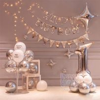 Set bong bóng trang trí sinh nhật tông bạc silver - dây Happy Birthday rỗng, có đèn - PD70
