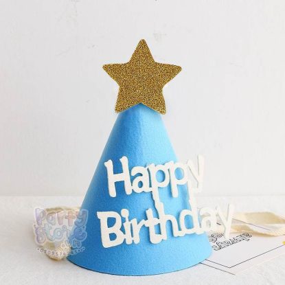 Nón sinh nhật vải nỉ màu xanh ngôi sao chữ happy birthday trắng