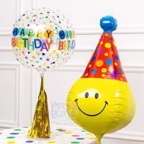 Bóng kiếng nhôm mặt cười đội nón chóp sinh nhật Hàn Quốc và bóng Happy Birthday nhiều màu
