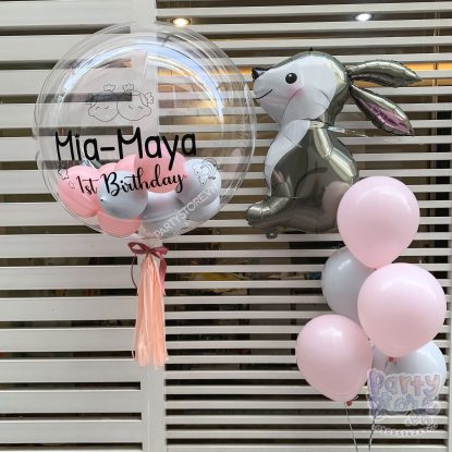 Bóng bay Jumbo hồng pastel, xám ghi grey, bóng kiếng thỏ xám, Happy 1st Birthday bé gái sinh đôi