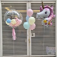 Bóng bay Jumbo hồng pastel xanh vàng, bóng bay Unicorn hồng, chữ Happy Birthday