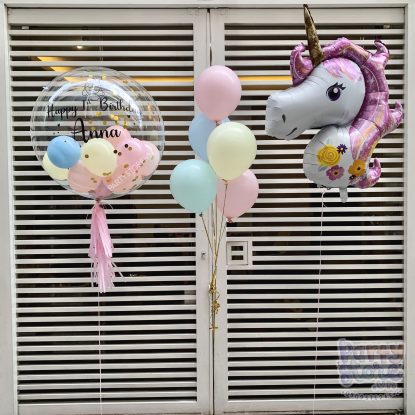 Bóng bay Jumbo hồng pastel xanh vàng, bóng bay Unicorn hồng, chữ Happy Birthday