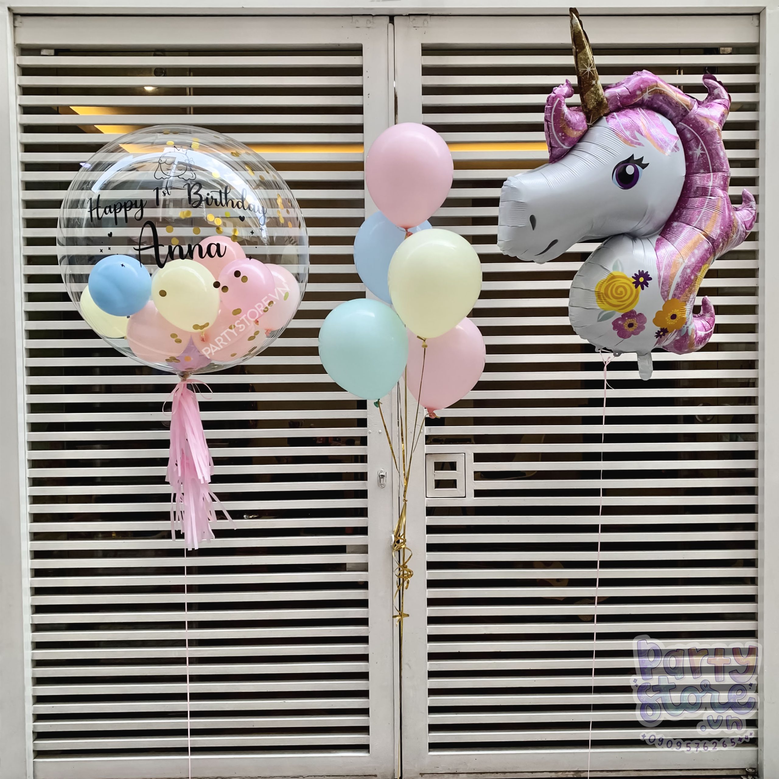 Bóng bay Jumbo hồng pastel xanh vàng, bóng bay Unicorn hồng, chữ Happy Birthday