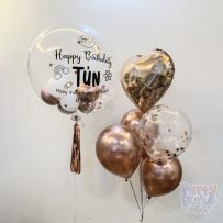 Bóng bay Jumbo hồng rose gold, bóng confetti kim tuyến, bóng trái tim, happy birthday