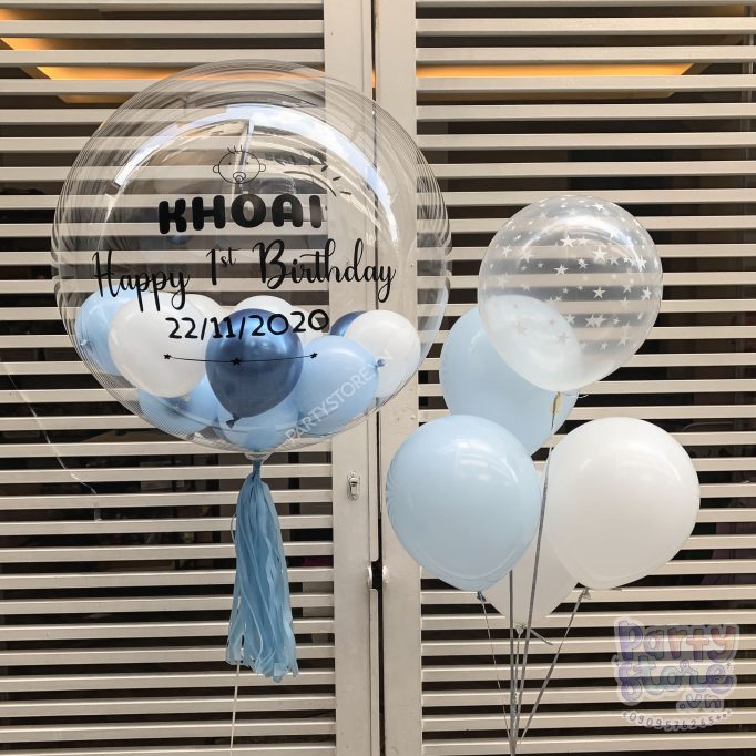 Bóng bay Jumbo màu xanh chrome, trắng, ngôi sao trong suốt, Happy 1st Birthday, sinh nhật bé trai