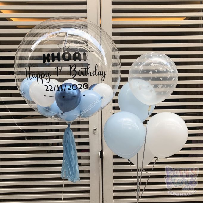 Bóng bay Jumbo màu xanh chrome, trắng, ngôi sao trong suốt, Happy 1st Birthday, sinh nhật bé trai