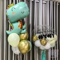 Bóng bay Jumbo xanh pastel vàng gold, khủng long xanh vương miệng, chữ Happy Birthday bé trai