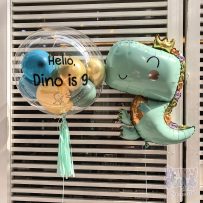 Bóng bay Jumbo xanh, vàng gold chrome, bóng kiếng bay khủng long vương miện, hello Dino is 9