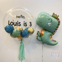 Bóng bay Jumbo xanh, vàng gold chrome, bóng kiếng khủng long vương miện, hello Louis is 3