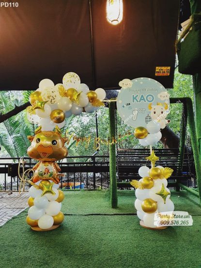 PD110 - Set bong bóng trang trí sinh nhật chủ đề Con Trâu cùng backdrop tên bé, dây chữ và bóng trâu