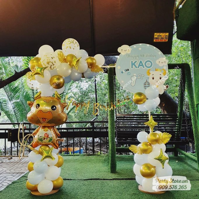 PD110 - Set bong bóng trang trí sinh nhật chủ đề Con Trâu cùng backdrop tên bé, dây chữ và bóng trâu