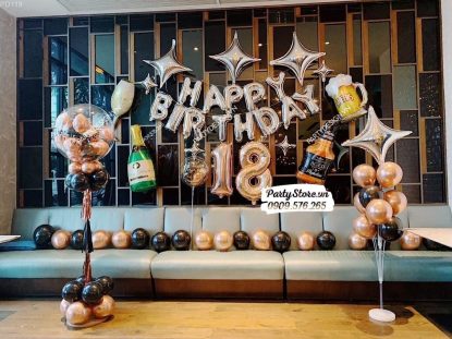 PD119 - Set bong bóng trang trí sinh nhật người lớn tông đen - rose gold với bóng chai rượu và bia