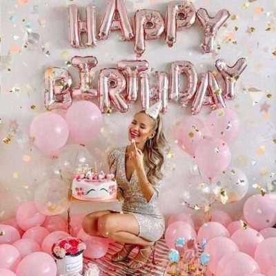PD124 - Set bong bóng trang trí tiệc sinh nhật người lớn tông hồng pastel mix hồng chrome