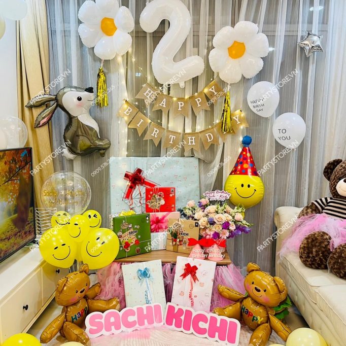 PD125 - Set bong bóng trang trí đa dạng dành cho bé trai và bé gái với bóng mặt cười, bóng thỏ và bóng hoa cúc