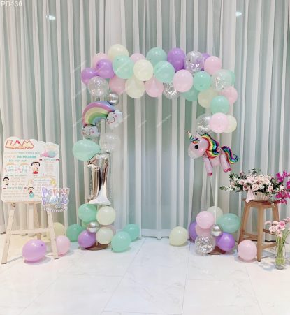 PD130 - Set bong bóng trang trí đơn giản chủ đề Unicorn tông tím pastel với bóng ngựa pony và bóng mây - cầu vồng