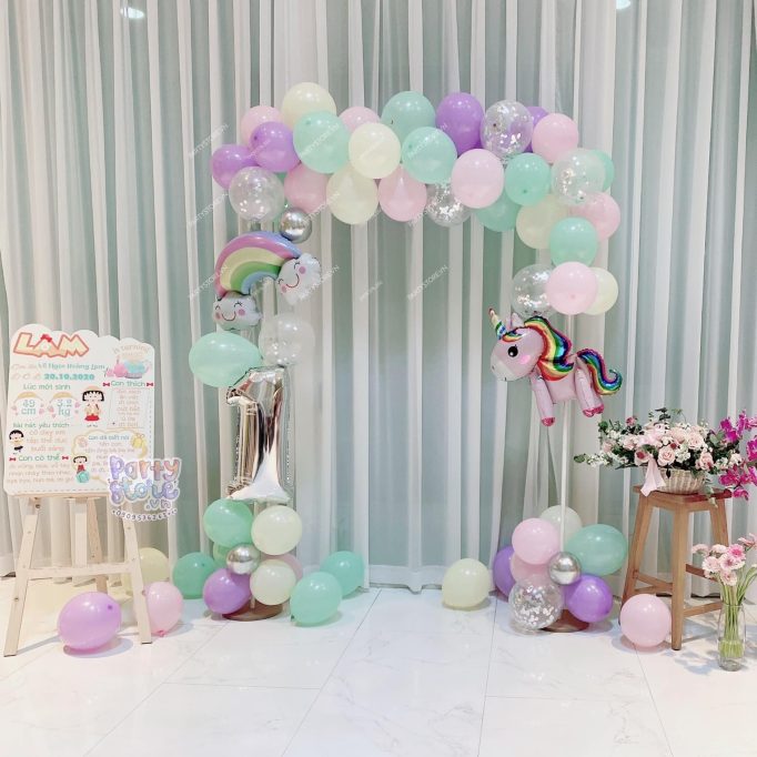 PD130 - Set bong bóng trang trí đơn giản chủ đề Unicorn tông tím pastel với bóng ngựa pony và bóng mây - cầu vồng