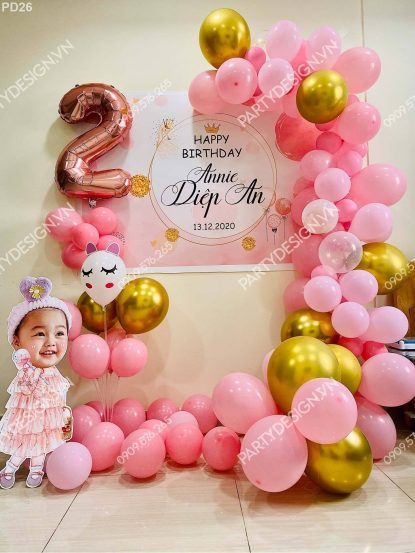 PD26 - Set bong bóng trang trí sinh nhật dành cho bé gái với tông hồng - gold