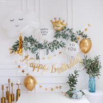 PD38 - Set bong bóng trang trí sinh nhật phong cách vintage với bóng mây, bóng vương miện và bóng happy birthday to you