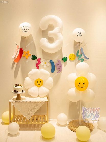 PD83 - Set bong bóng trang trí sinh nhật phong cách Hàn Quốc với bóng hoa cúc, bóng số tuổi và dây cờ