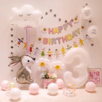 PD89 - Set bong bóng trang trí sinh nhật tông trắng nhẹ nhàng với bóng thỏ, bóng mây và bóng số tuổi