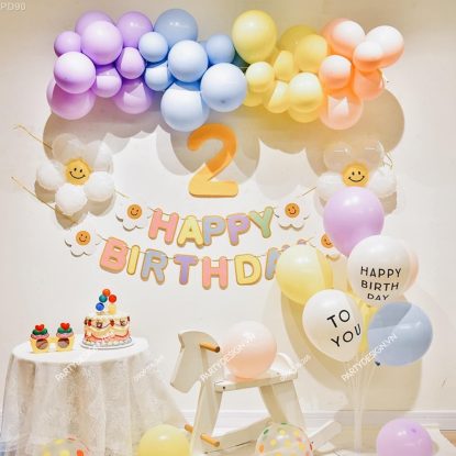 PD90 - Set bong bóng trang trí sinh nhật tông pastel các màu với dây chữ và bóng hoa cúc