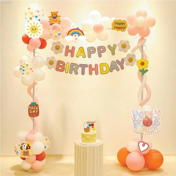 PD93 - Set bong bóng trang trí sinh nhật bé trai, bé gái với sticker hoa và dây chữ