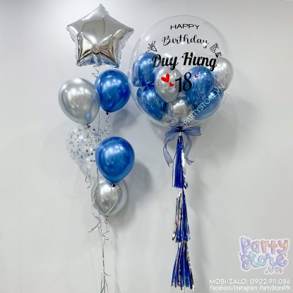 Bóng bay Jumbo Heli màu xanh chrome, bạc silver, bóng confetti và bóng ngôi sao bạc silver