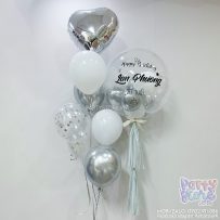 Bóng bay Jumbo Heli tông bạc silver, trắng, bóng trái tim bạc, bóng confetti