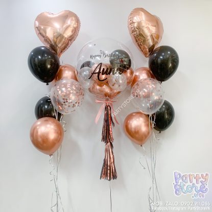 Bóng bay Jumbo Heli tông hồng rose gold, đen, bóng trái tim hồng rose gold và bóng confetti