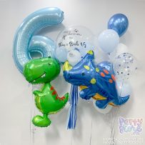 Bóng bay Jumbo Heli tông xanh chrome, trắng, bóng confetti, bóng khủng long