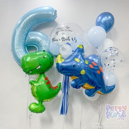 Bóng bay Jumbo Heli tông xanh chrome, trắng, bóng confetti, bóng khủng long