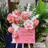 Bảng hoa bong bóng họp mặt gia đình, tone hồng trắng