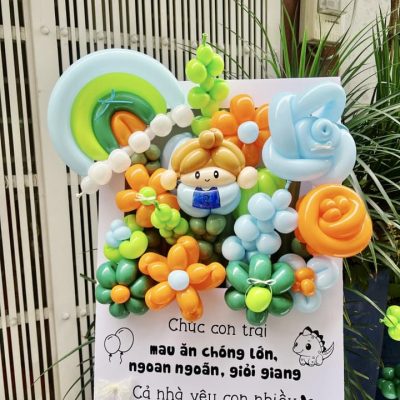 Bảng hoa bong bóng sinh nhật cho bé Trai, tone xanh cam